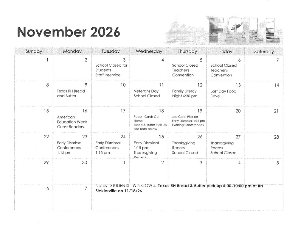 2026 November Calendar